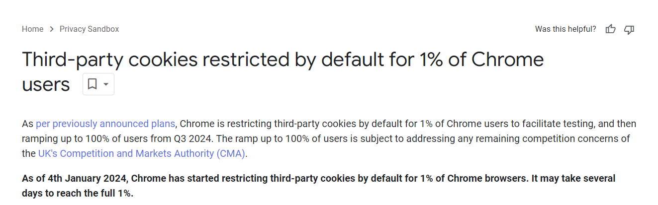2024년 1월 4일부터 크롬 사용자 1%의 서드파티 쿠키를 비활성화한다는 구글 공지